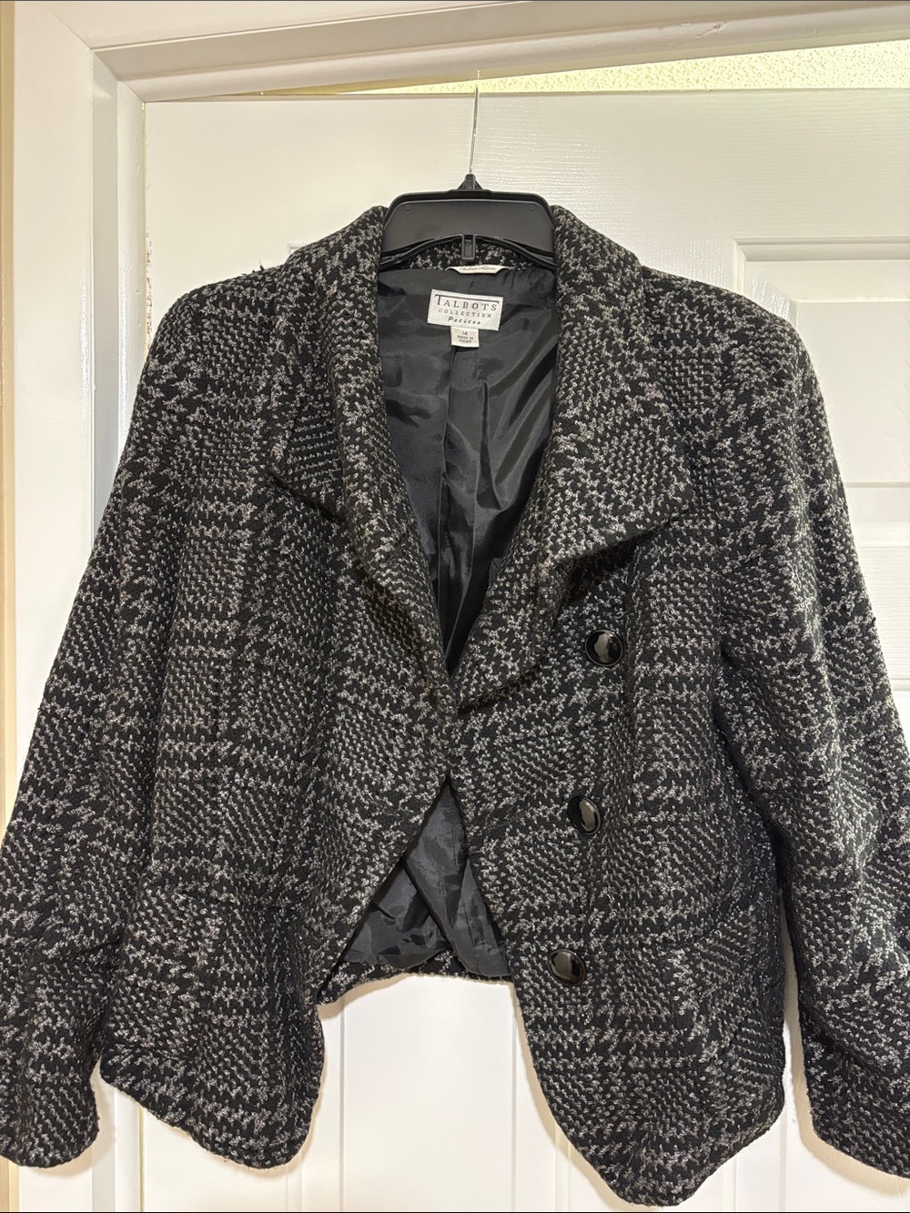 Talbots Black & Gray Plaid Wool-Blend Cropped Blazer